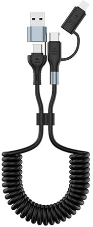 60W 4 in 1 Spiralkabel USB C Kabel,USB A/USB C 60W Typ C+ 27W iP Kabel für CarPlay & Daten Sync,Universal 2 in 1 Schnellladekabe für Phone 16 15 14 Pad Laptop Android