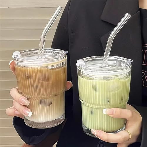 Taoyanmo 400ml Glasbecher mit Deckel und Strohhalm, Glas Smoothie Becher, Luftdicht Wasserdicht Design Kaffeebecher Travel Mug, Trinkglas, Eiskaffee Gläser,Bubble Tea Becher,für Milchshakes,Säfte