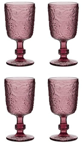 Wine Glasses Set of 4 Multicolour Drinking Glasses with Vintage Style Paisley Embossed Finish 300ml Dishwasher Safe Alfresco Dining Table Glassware (Pink)