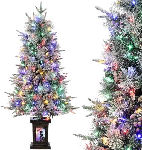 Weihnachtsbaum Künstlich mit Beleuchtung, 125cm 4ft Künstlicher Weihnachten Baum Schnee mit 150 Warmweiß & Mehrfarbigen LED Licht 9 Modi PVC Zweigspitzen Retro Schneemann Leuchtbasis für Haus Büro