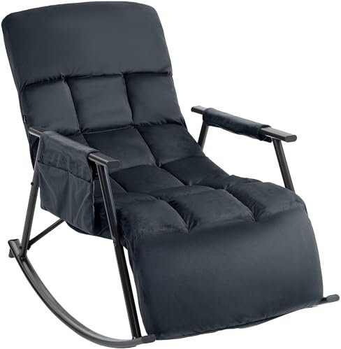 CLP Schaukelstuhl Cathy I Gepolsterter Relaxsessel I Schaukelsessel mit Rückenlehne I Metallgestell mit Armlehnen und Seitentasche, Farbe:schwarz, Material:Samt