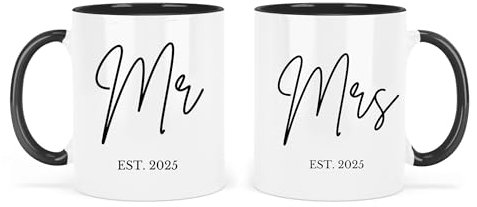 UNIQUEPGIFTS Mr and Mrs Coffee Mugs Set, Wedding Gift for Bride and Groom, EST. 2025, Newlywed Present, Anniversary Keepsake, His and Hers, Black and White, Set of 2