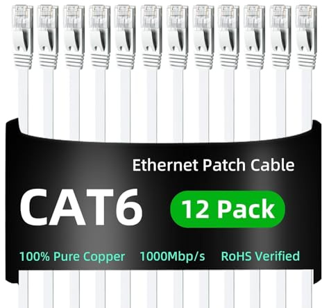 Yauhody Cat 6 Ethernet Cable 2m 12Pack, Network Cable 2m 12Pack, White | High Speed Cat6 Ethernet Patch Leads , 1000Mbps Gigabit LAN Cable with Gold-Plated RJ45 Connector for TV, Gaming, Router