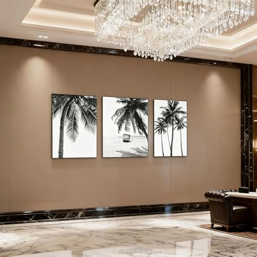 3er Poster Set Palmen Schwarz Weiß Strandlandschaft, Wandkunst Bild Nordische Tropische Palme Leinwand Malerei, Modern Wandbilder Kunstposter, für Schlafzimmer Wohnzimmer, Kein Rahmen (50*70cm)
