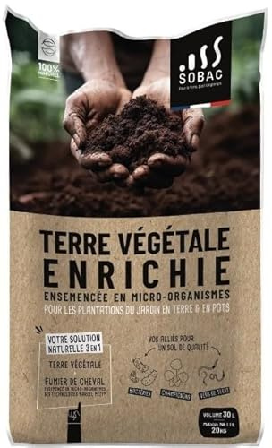 SOBAC Terre Végétale Enrichie en Micro-Organismes, 100% Naturelle, Fumier de Cheval, pour Potager Fleurs Arbres Arbustes Gazon, UAB, 30L