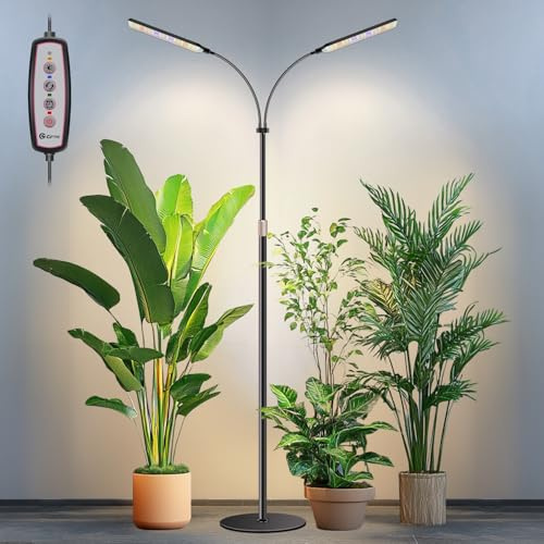 Kullsinss Floor Grow Lights for Indoor Plants with Stand, 2-Head 114 LEDs | Full Spectrum with Timer & Dimmable, 360° Gooseneck, 60-174CM Adjustable Height Grow Lamp for Tall Indoor Plants, Black