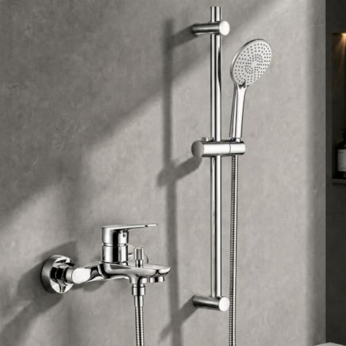 Auralum Badewannenarmatur Chrom, Messing Duschset mit 3-Funktionen Handbrause und 70cm Duschstange, Wannenarmatur verchromt mit Wanneinlauf & 1,5m Edelstahl Duschschlauch, Duschsystem für Badewanne