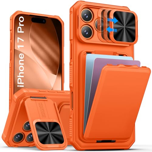 Vihibii für iPhone 17Pro Hülle mit Ständer, Kartenfach (2-4 Karten), Orange | Kameraschutz Schieber, Heavy Duty Cover, Militärschutz Fallschutz Kratzfest Silikon Schutzhülle für iPhone 17 Pro 6,3 Zoll