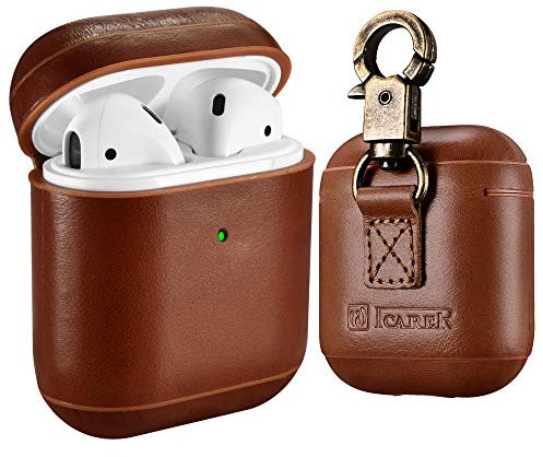 AirPods Leather Case, ICARER Genuine Leather AirPod case with Keychain and Led Light for Apple AirPods 2 Case & Airpods 1, Support Wireless Charging (Brown)