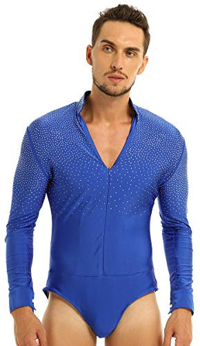 FEESHOW Männer Body ouvert V-Ausschnitt Langarmshirt Glänzend Hemd Trikotanzug für Latin Damba Tanzwettbewerb Königsblau X-Large