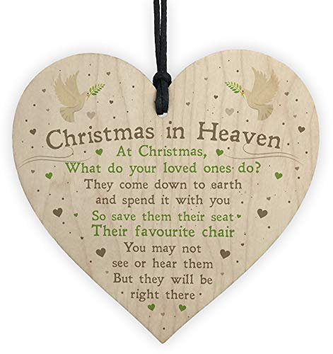 RED OCEAN Christmas In Heaven Poem Xmas Tree Decoration Memorial Quote Wood Heart Plaque