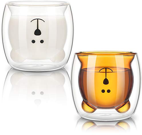 2 Piezas Tazas Lindas de Oso Vasos Aislados de Oso de Vidrio de Doble Pared Tazas de Leche Jugo Chocolate Capuchino de Animales Vasos de Vidrio de Osos de Marrón Blanco para San Valentín