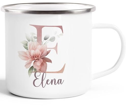 SpecialMe® Emaille-Tasse Name Initiale Blumen Eukalyptus Floral Monogramm personalisierte Geschenke weiß-metall Emailletasse