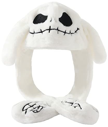 Lovemonster Niedliche Totenkopfmütze mit beweglichen Ohren Tier Plüschspringohren Hut Halloween Geisterhut Weihnachtsgeschenke Cosplay Partyhut Weiblicher Männlicher Erwachsener, Weiß
