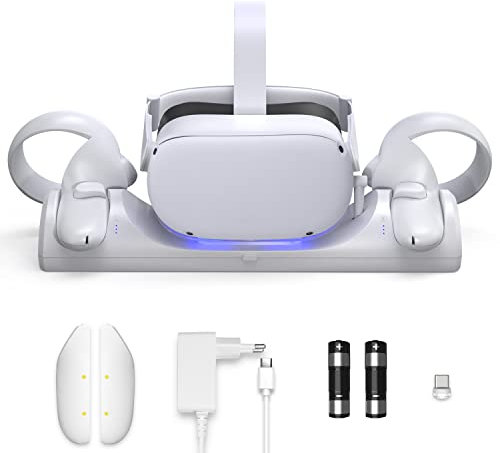 FIEHDUW Quest 2 Charging Dock, Magnetische Ladestation für Oculus/Meta Quest 2 VR-Headset und Touch-Controller, VR-Ladestation mit LED-Anzeige, 2 wiederaufladbare Batterien und USB-C-Ladegerät