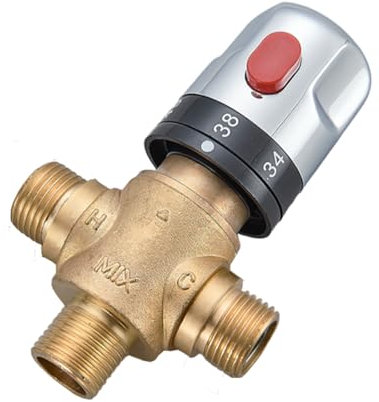 kisimixer Thermostatic Mixing Valve for Shower System Water Temperature Control Pipe Basin Thermostat Control, Solid Brass 3-Way Hot Cold Water Regulator 1/2 BSP (15mm) Connection