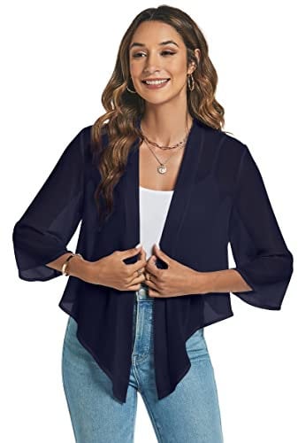 Famrrifuu Damen Bolero Chiffon Schulterjacke 3/4 Ärmel Elegant Kurze Cardigan Leichte Dünn Bolerojacke Casual,Navy,S