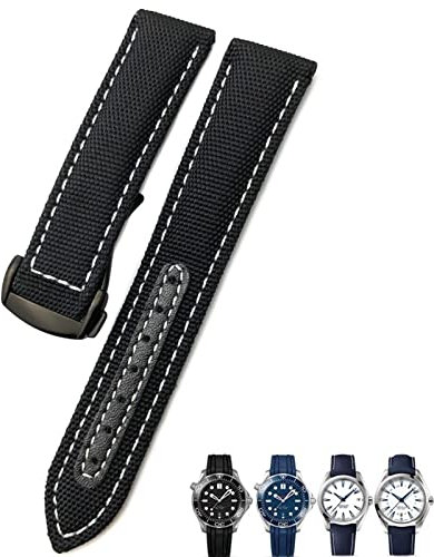 GANYUU Uhrenarmband aus gewebtem Nylon, 19 mm, 20 mm, Schwarz / Blau, Faltschließe, Lederarmband für Omega AT150 Aqua Terra Seamaster Tissot, 20 mm, Achat