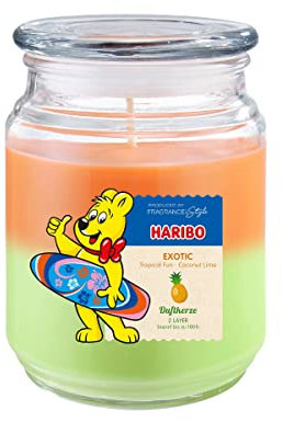 Haribo Duftkerze im Glas mit Deckel | Exotic 510g | Duftkerze Fruchtig | 100h Brenndauer | 2 Dochte | Geschenkidee für Frauen | 2 Schicht Kerze