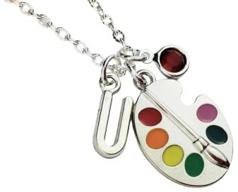 Personalised Palette Necklace, sterling silver or silver plated chain initial birthstone crystal artist jewellery, handmade art teacher appreciation graduation birthday teen girl motivational