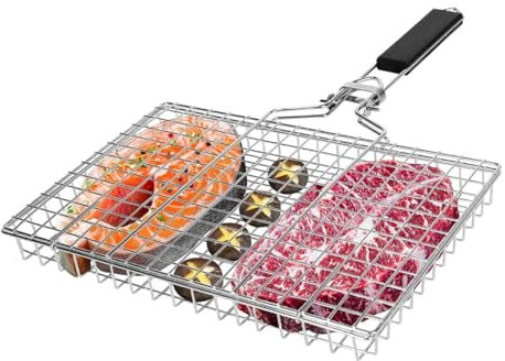 WOOXGEHM Canasta de Asado de Pescado, Cesta para Barbacoa Plegable de Acero Inoxidable, Parrilla de Mango de Madera Reutilizable con Asa, Cesta para Asar Pescado para Acampar Al Aire Libre