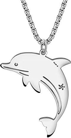 RAIDIN Edelstahl 18K Gold plattiert Meer Leben Hai Krabbe Seepferdchen Schildkröte Delphin Halskette für Damen Mädchen süße Ozean Tier Anhänger Schmuck für Geschenke (Silber-030 Dolphin)