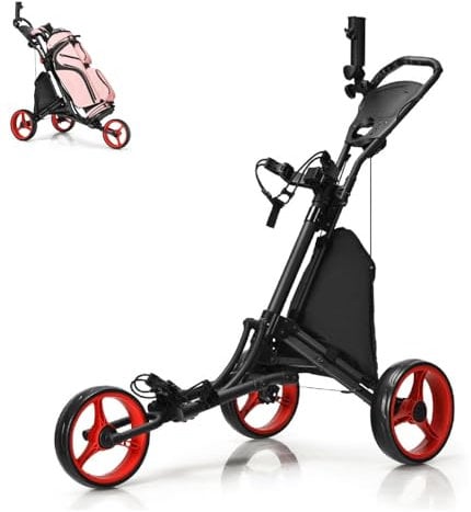 SPOTRAVEL 3 Wheel Golf Push Pull Cart, Folding Golf Trolley with in Foil Coated Storage Bag, Elastic Strap, Adjustable Umbrella & Cup Holder, Portable Golf Bag Holders (Red)