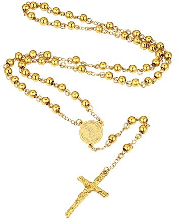 Supcare Königskette Gold Kugelkette Damen Rosenkranz Katholische Halskette Cross Necklace Edelstahl Gebetskette Christlich Kette Rosary Religiöse Kruzifix Anhänger Jesus Kreuz Kette Schmuck für Bibel