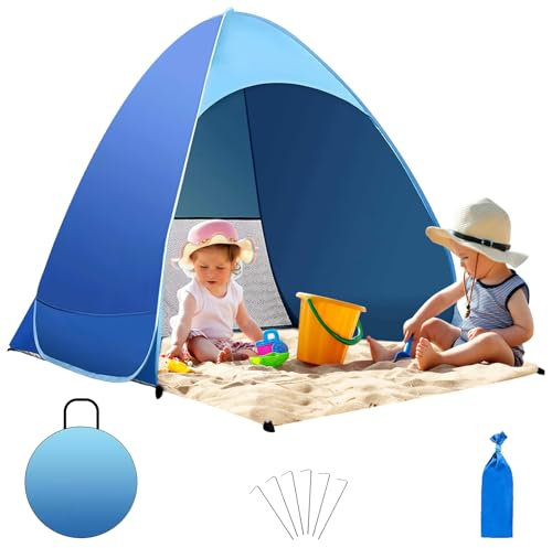 LOVICVKEM Strandmuschel Pop Up Strandzelt, UV Schutz, UPF 50+ Schutz, Zelt für 2-3 Personen, Tragbar Extra Light, Tragetasche und Heringe, für Garten, Familie, Strand, Wanderausflug