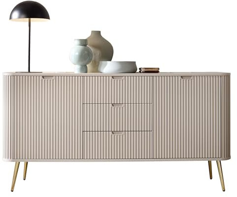 BETTSO - Kommode mit Schubladen und Türen - mit hohen Beinen und dekorativen Rillen - 168cm breit, 87cm hoch - für Wohnzimmer, Schlafzimmer, Flur - Kaschmir + Gold