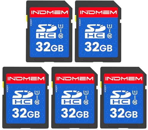 INDMEM SD Card Pack, 5 x 32GB UHS-I SDHC U1 Class 10, High Speed for Digital Camera, Computer, Trail Camera