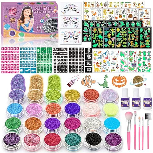 TEUVO 24 Colors Glitter Tattoo Kit with 232 Stencils, 3 Face Jewel Stickers, 5 Brushes, 3 Glue, 26 Sheets Mixed Styles Stickers, Glitter Makeup Temporary Tattoos for Boys Girls Halloween Birthday
