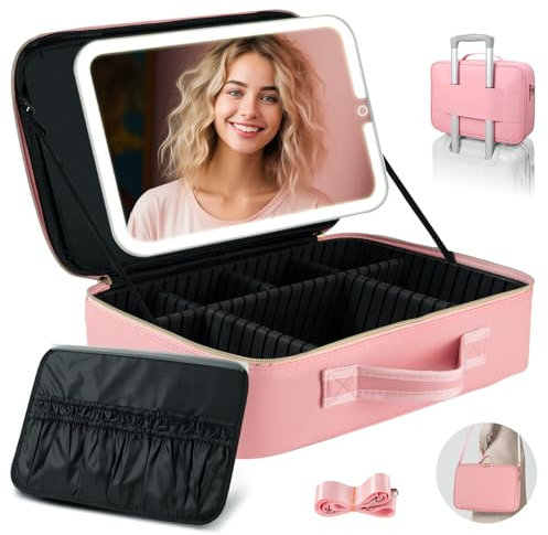 Große 38 X 30cm Reise-Make-up-Tasche mit abnehmbar Spiegel, professioneller Kosmetiktasche mit Spiegel-3 Farbmodi, Dimmbare beleuchtete, Make-up-Organiser mit beleuchtetem Spiegel, PU-Leder-Abdeckung