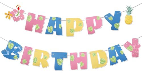 Decoraciones de Cumpleaños de Lilo y Stitch, Pancarta de Feliz Cumpleaños Hawaiana de Color Rosa Azul y Amarillo Preencordada con Flores y Piñas Fondo para Tema Suministros para Fiestas