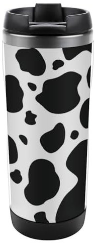 JZemdybill 13oz/380ml Stainless Steel Insulated Travel Coffee Cup, Cow Print Travel Mug with Leakproof Lid, Non-Slip Bottom