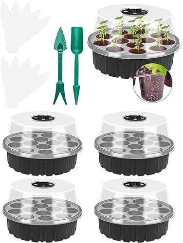 PRIMEGA 5pcs Round Seed Tray Mini Vegetable Greenhouse Small Greenhouse for Seedlings with 13 Cells with Planting Tools and Plant Labels - Black