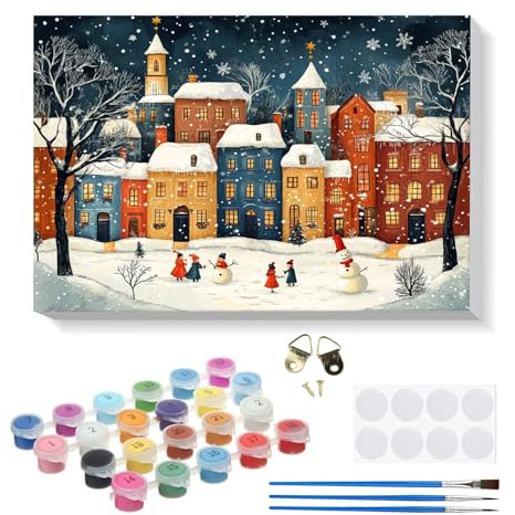 RICUVED Noël Peinture par Numéros DIY Kit 30x40cm pour Adultes Enfants avec Cadre en Bois–DIY Hiver Village Peinture à l'huile par Numéros sur Toile Artisanat avec Pinceaux Peintures Acryliques