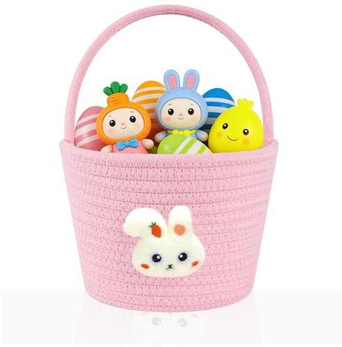 Easter Egg Baskets - Cute Bunny Easter Basket (Empty) for Kids, Round/Oval Basket with Handle Durable Compact Reusable, Perfect for Easter Egg Hunts, Gifting, Treats & Holiday Celebrations (Pink)