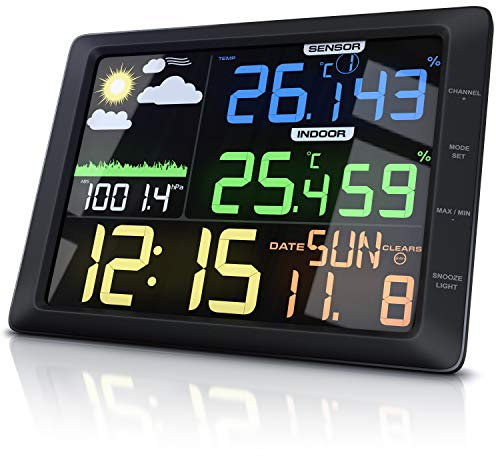 CSL - Wetterstation mit Farbdisplay und Außensensor, 20 cm LCD Farbdisplay - Luftdruck Barometer Temperatur Wettervorhersage Frostalarm Datum Uhrzeit - Wecker mit Schlummerfunktion