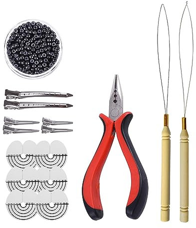 Microring Extensions Set: 3-Loch Zange, Haarverlängerung Schlaufe und 500 Stück 3.0mm Nanoringe mit Silikon (schwarz)