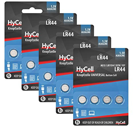 HyCell Knopfzelle 20er Pack Alkaline Batterie LR44 1,5V - Erstklassige Qualität - Knopfbatterie für täglichen Gebrauch in Geräten wie Fernbedienungen, Autoschlüsseln, Taschenrechnern, Waagen, UVM.