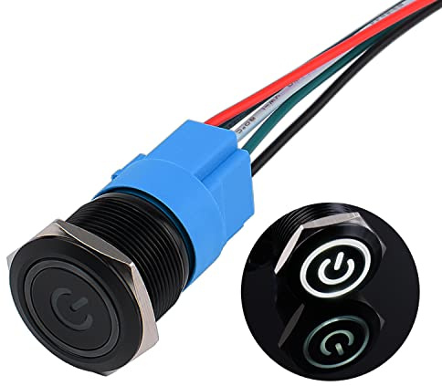 JIQI 22mm Druckschalter 12V bis 24V 5A Wasserdichte Latching Schalter aus Aluminiumlegierung IP66 1NO1NC vorverdrahte schwarze EIN/AUS Schalter mit Power Symbol LED für Motorrad Boot LKW RV (Weiß)