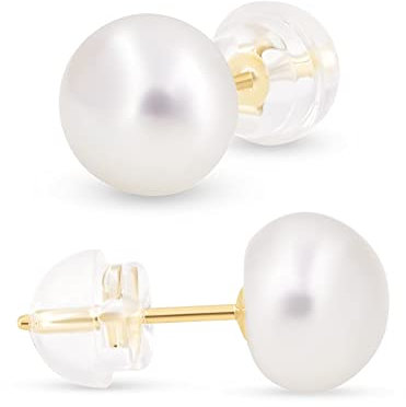 KEZEF Perlenohrringe 585 Gold | Echte Süßwasserperlen Ohrstecker Damen | Perlen Weiß | 14K Gold Stecker | Hypoallergen | Verschiedene Größen
