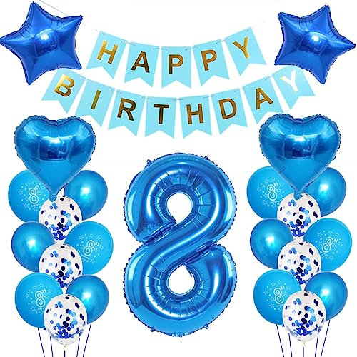 Kindergeburtstag Deko Jungen 8 Jahr ballon, 8. Geburtstag Dekorationen für Junge,Deko 8 Geburtstag ballon, 8 Geburtstag Deko Jungen Happy Birthday Banner Luftballons Blau Konfetti Helium Set …