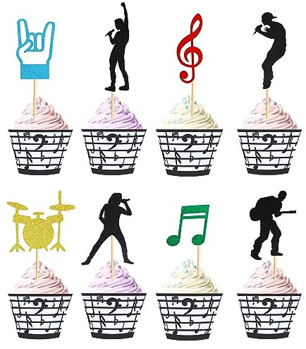 Arthsdite 24 Stück Rock Band Cupcake Toppers Rock Pop Musik Thema Cupcake Picks Musik Konzert Thema Geburtstag Party Kuchen Dekorationen Supplies Schwarz Glitzer