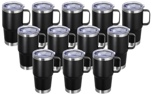 Abbrevi Tumbler da 590 ml in acciaio inossidabile con manico in metallo sfuso isolato bicchieri da caffè da viaggio con manico a doppia parete tazza con coperchio e cannuccia, nero, confezione da 12