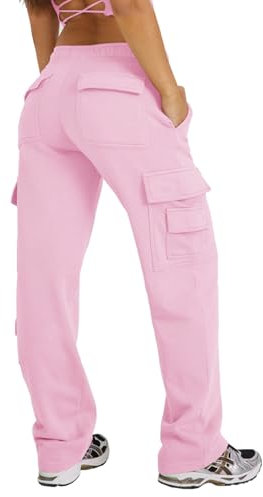 Waitfairy Pantaloni della tuta a gamba larga da donna pantaloni cargo in pile a vita alta pantaloni della tuta larghi da donna pantaloni casual con 8 tasche, Rosa, Large