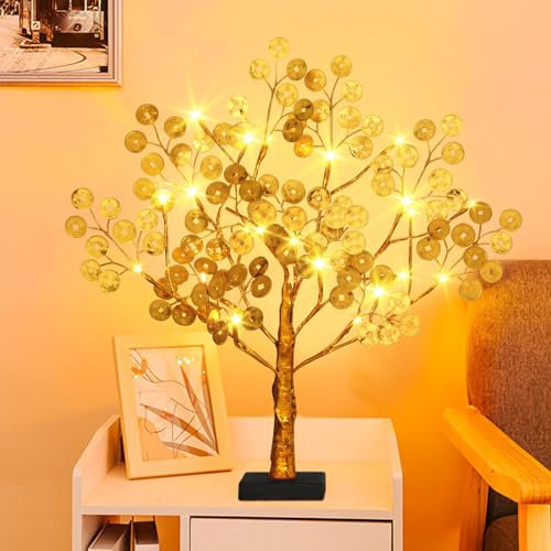 ACAREY LED Baum Lichter Feng Shui Geldbaum Glücksbaum Mit 24 LEDs Licht, Lichterbaum Für Innen, LED Dekoration Baum Für Reichtum Und Glück, Für Tischdeko Silvester Deko Zum Aufhänge