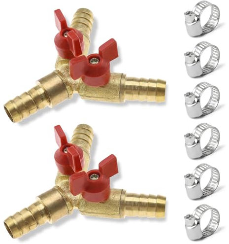 2 Stück 3 Wege Schlauchverbinder mit Absperrhähnen 10mm Messing Y förmiges Schlauchanschluss Kugelhahn 2 Schalter mit 6 Klemmen Abzweigventil Verbinder für Tischlerarmatur Luft Wasser Gas