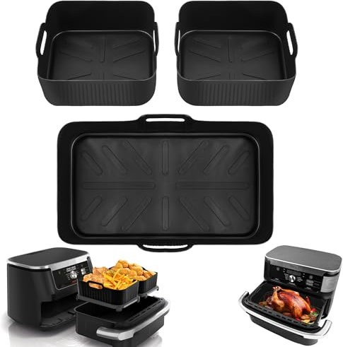 Hivio Air Fryer Silicone Liner for Ninja Flexi Drawer 10.4l Air Fryer Accessories AF500UK/ AF500UKCP Air Fryer Liners, Large Resuable Airfryer Liners, 1X10.4L and 2x5.2L (3 Packs- Black)